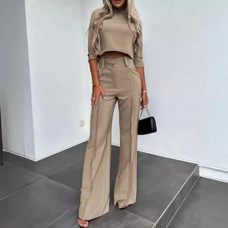 Modern Relaxed Two-Piece Suit – Casual Loose Fit O-Neck Top & Wide Leg Pants Set