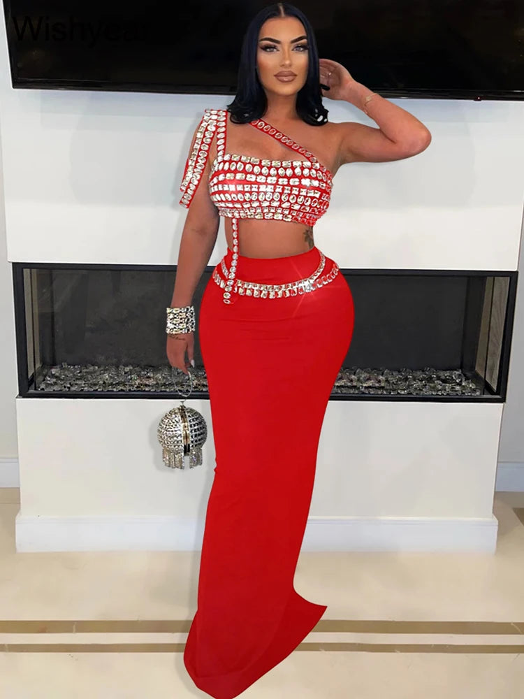 Midnight Glam Diamond Two-Piece Set – One-Shoulder Crop Top & Floor-Length Skirt