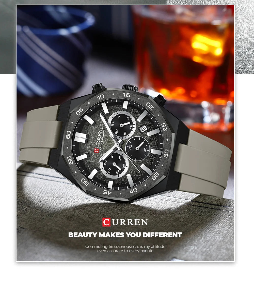 CURREN Fashion Casual Men Sports Watch Chronograph Silicone Belt Auto Date Dial Quartz Wristwatch Male Reloj Relogio Masculino