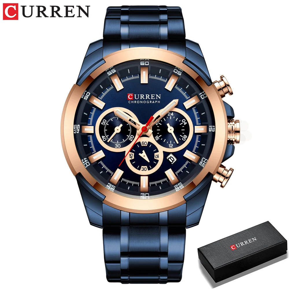 CURREN Men's Chronograph Watch 48mm Big Dial with Stainless Steel Band Triple Sub- Dials Luxury Quartz Sport Wristwatch