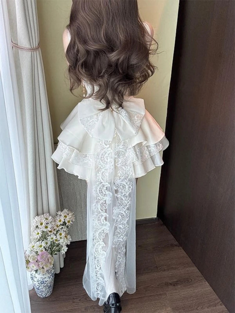 French Coquette Bow Mini Dress – Luxury Lace Sleeveless Puffy Party Dress for Women