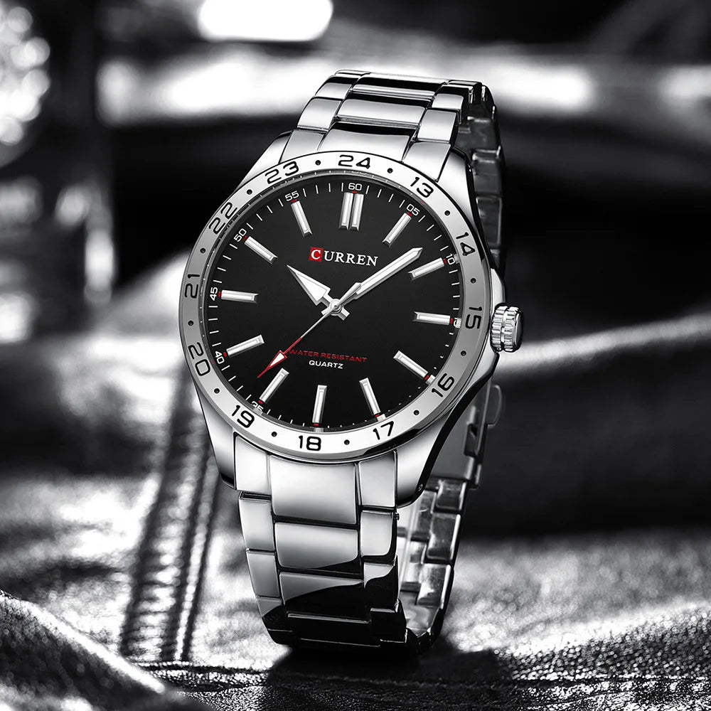 CURREN 8452 Men Quartz Watch Simple Fashion Leisure Business Clock Black Silvery Stainless Steel Strap Wristwatch for Male