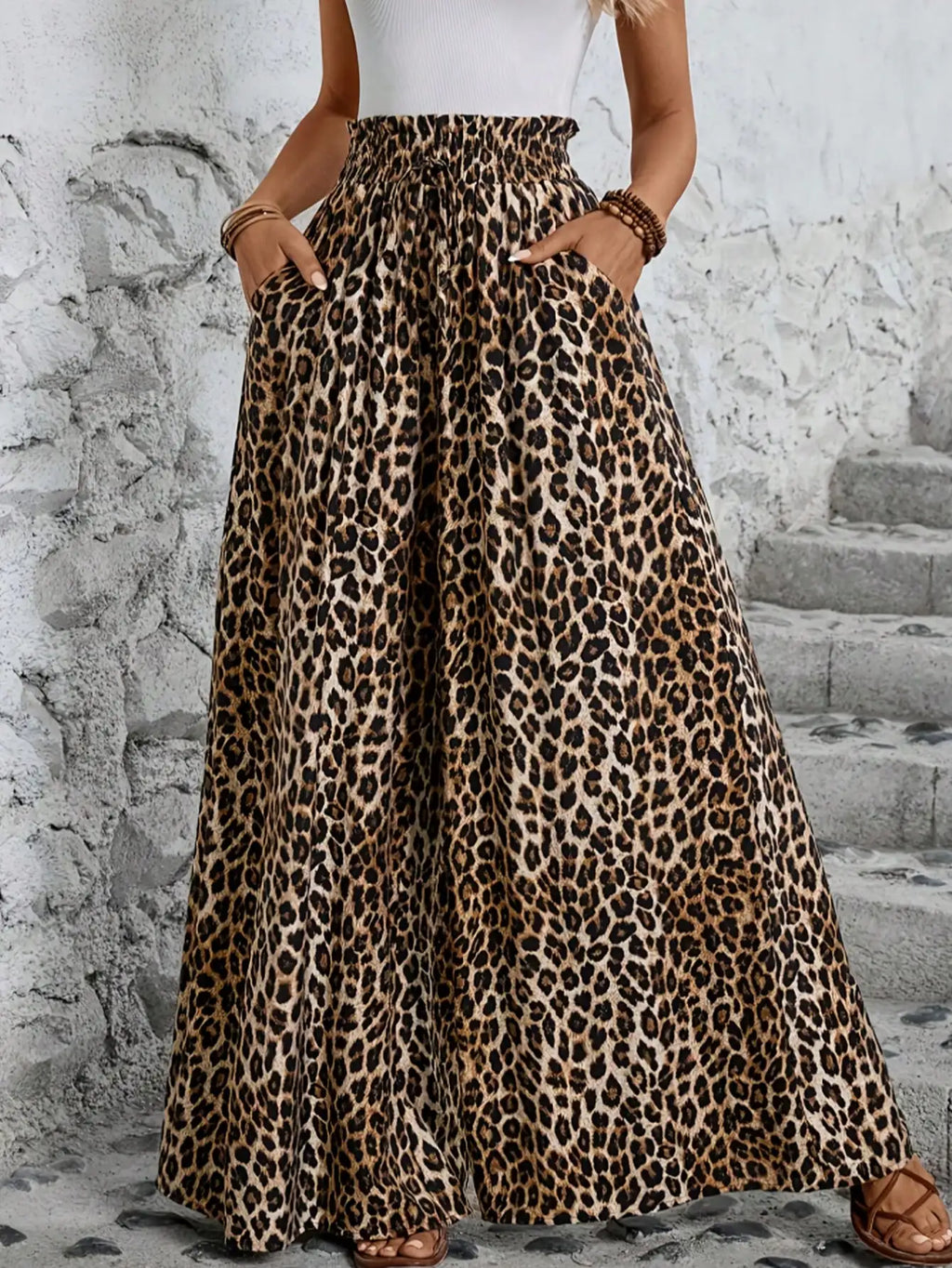Leopard Print Wide Leg Pants – High Waist Elastic Casual Trousers for Women