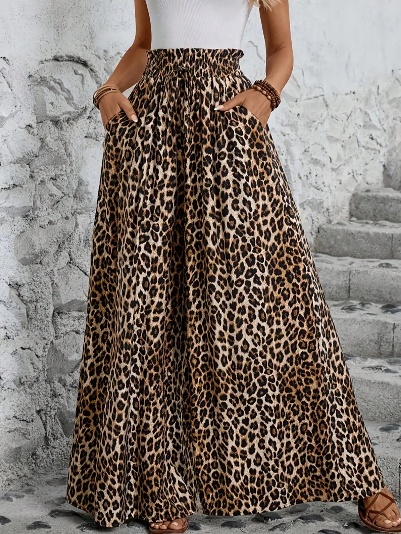 Leopard Print Wide Leg Pants – High Waist Elastic Casual Trousers for Women