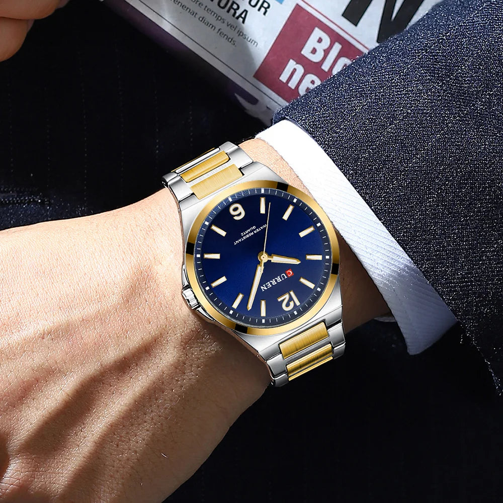 CURREN Luxury Minimalist Men's Watch Two Tone Golden Stainless Steel Business Quartz Wristwatch Simple Dress Clock Male
