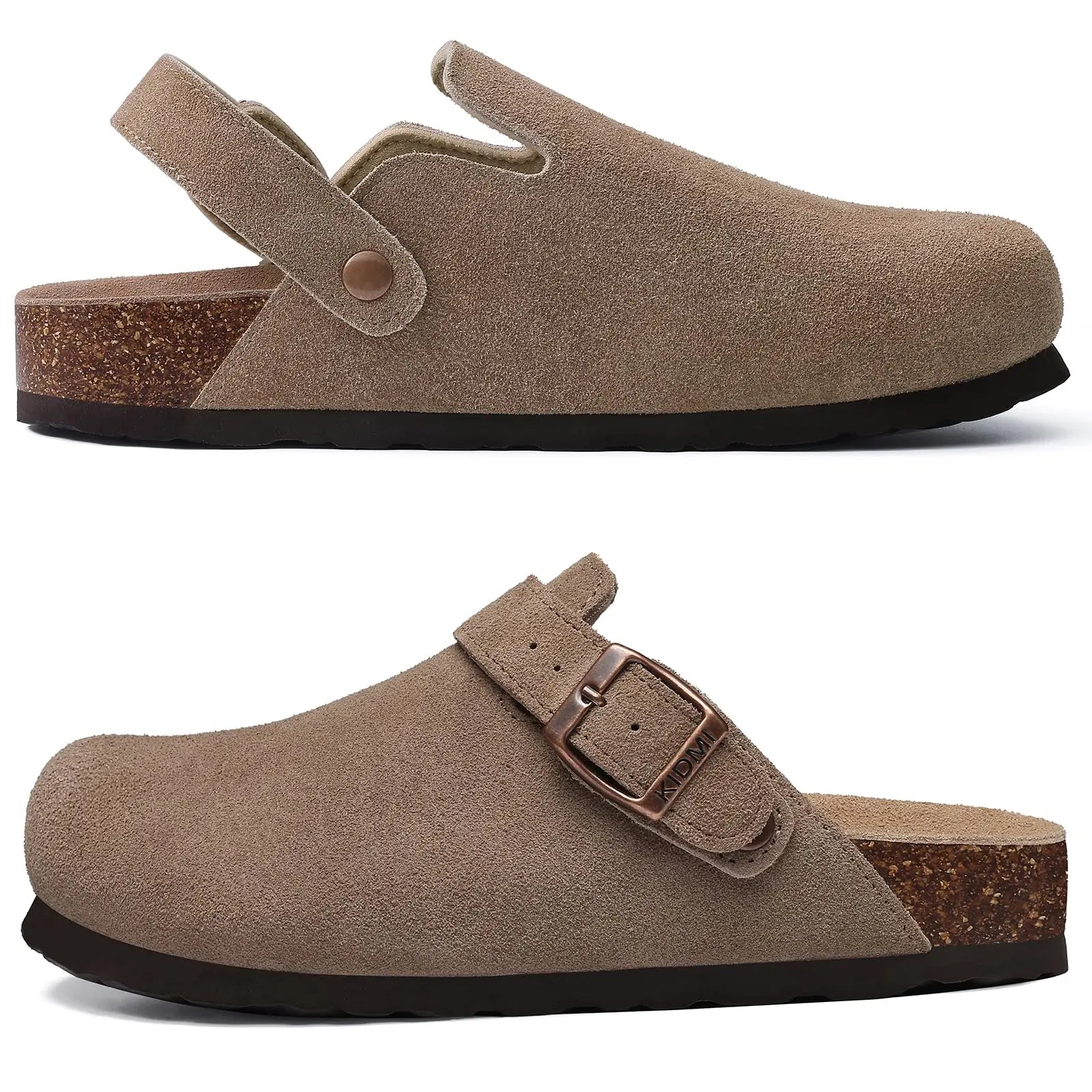 Litfun Suede Women's Clogs with Adjustable Strap Cork Footbed Leather Mules with Arch Support Unisex Outdoor Clogs Potato Shoes