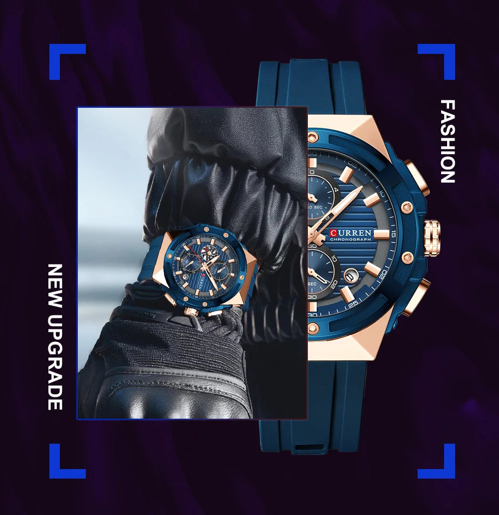CURREN Sporty Men's Watch with Chronograph & Luminous Hands - Silicone Strap Quartz Wristwatch for Man Auto Date Business Casual