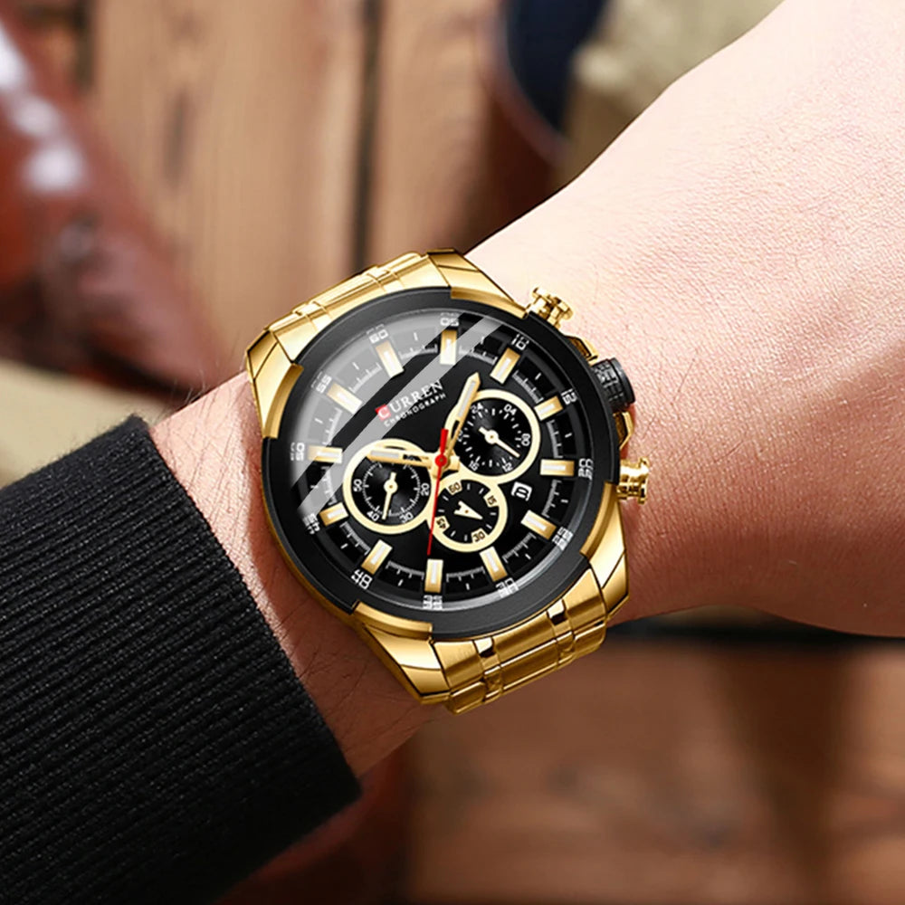 CURREN Men's Chronograph Watch 48mm Big Dial with Stainless Steel Band Triple Sub- Dials Luxury Quartz Sport Wristwatch