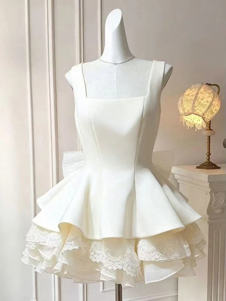 French Coquette Bow Mini Dress – Luxury Lace Sleeveless Puffy Party Dress for Women