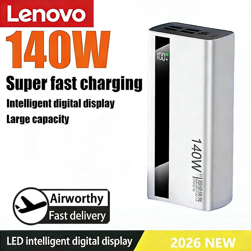 Lenovo 500000mah 140w Outdoor Large Capacity Power Bank Fast Charging External Spare Battery With Led Light Universal Multi New