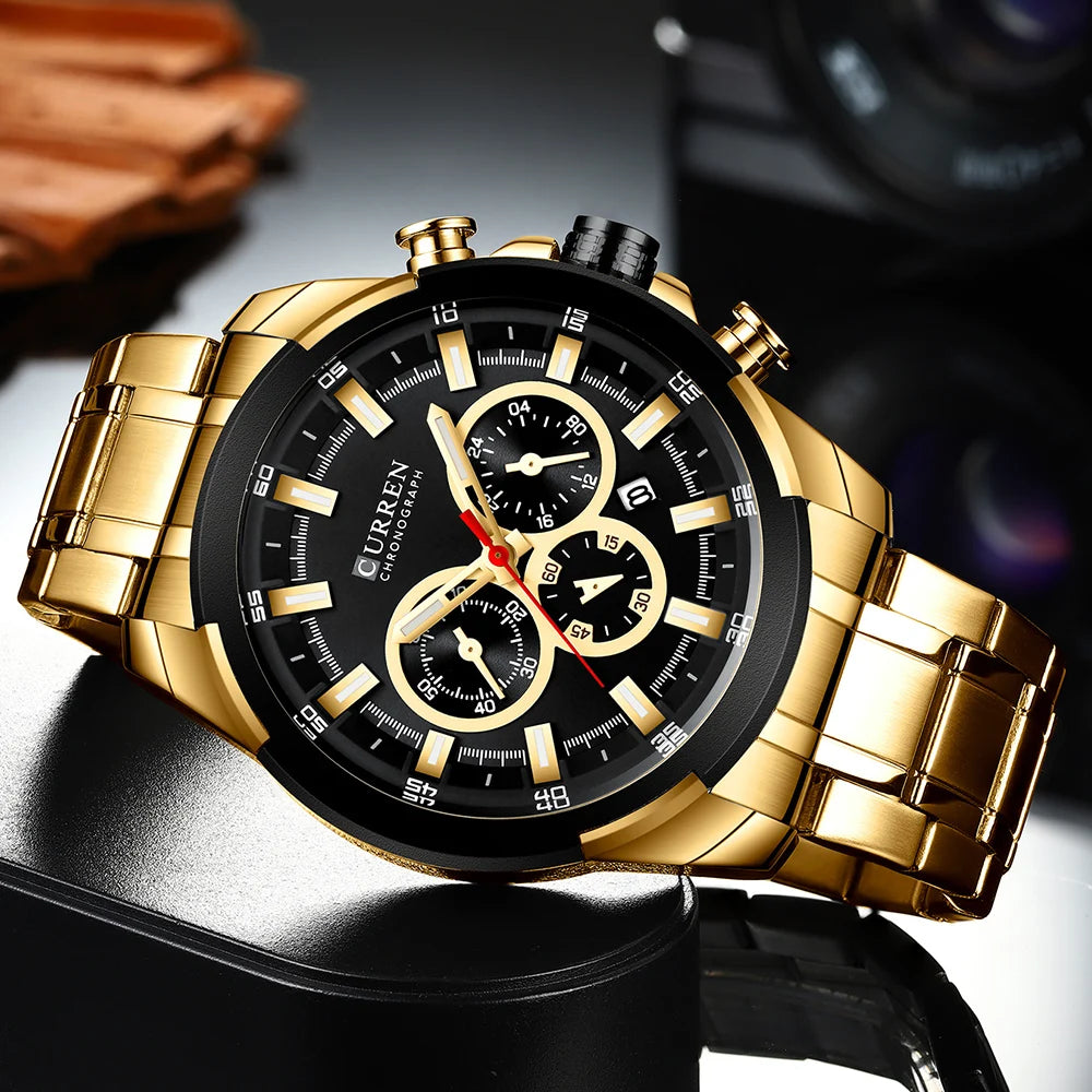 CURREN Men's Chronograph Watch 48mm Big Dial with Stainless Steel Band Triple Sub- Dials Luxury Quartz Sport Wristwatch