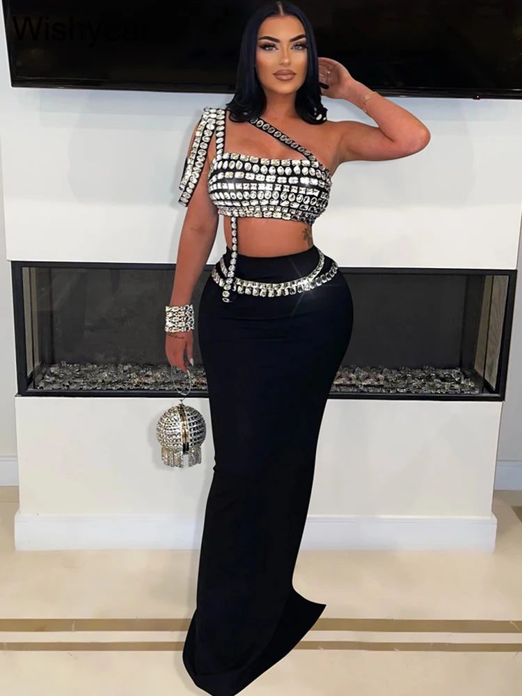 Midnight Glam Diamond Two-Piece Set – One-Shoulder Crop Top & Floor-Length Skirt