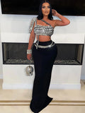 Midnight Glam Diamond Two-Piece Set – One-Shoulder Crop Top & Floor-Length Skirt