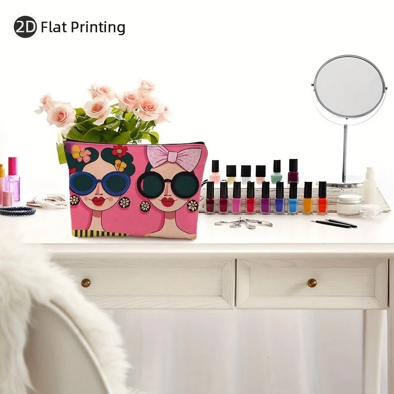 Women's Cosmetic Bag - Zippered Makeup Organizer with Pink Floral Girls Design, Durable Polyester Makeup Pouch for Travel