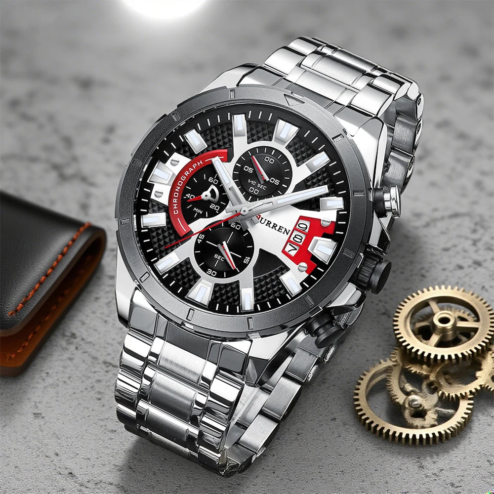 CURREN Sports Big Dial Men's Chronograph Watch with Matte Stainless Steel Band Luminous Hands Casual Quartz Wristwatch 8401