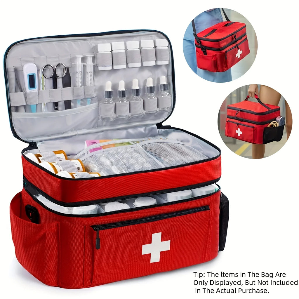 Double-layered Travel Medicine Storage Bag, Portable Emergency First Aid Kit, Large Capacity Front Pouch, Multiple Ways To Carry