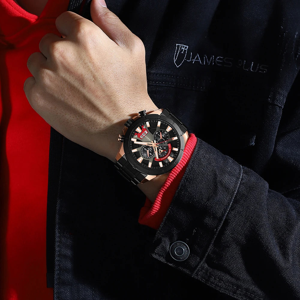 CURREN Sports Big Dial Men's Chronograph Watch with Matte Stainless Steel Band Luminous Hands Casual Quartz Wristwatch 8401