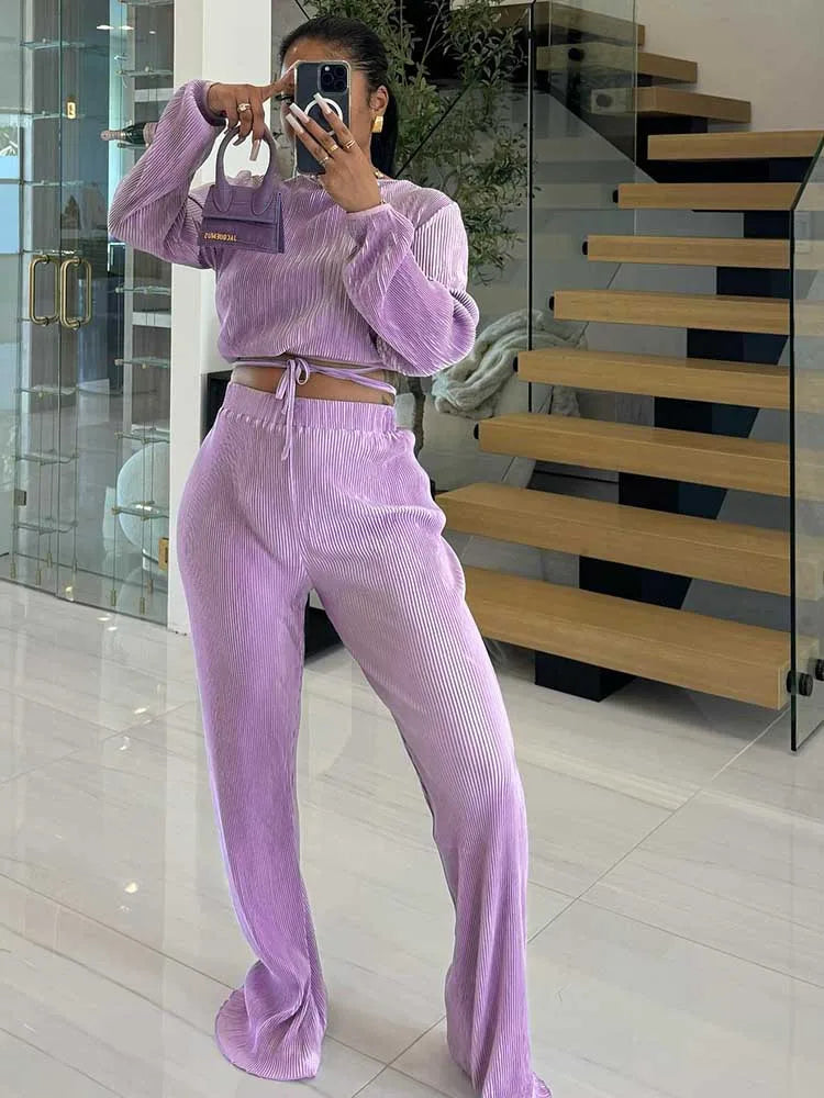 Elegant Draped Lounge Set – 2-Piece V-Neck Top & Elastic Waist Pants Outfit for Women
