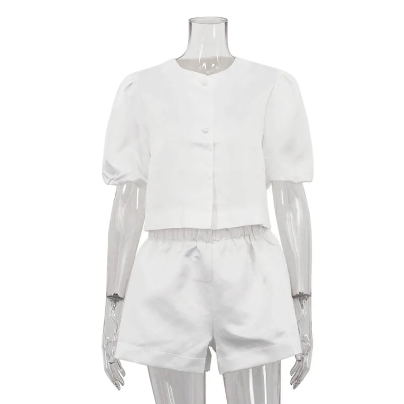 Chic Bubble Sleeve Two-Piece Set – Round Neck Top & High-Waist Shorts Outfit for Wome