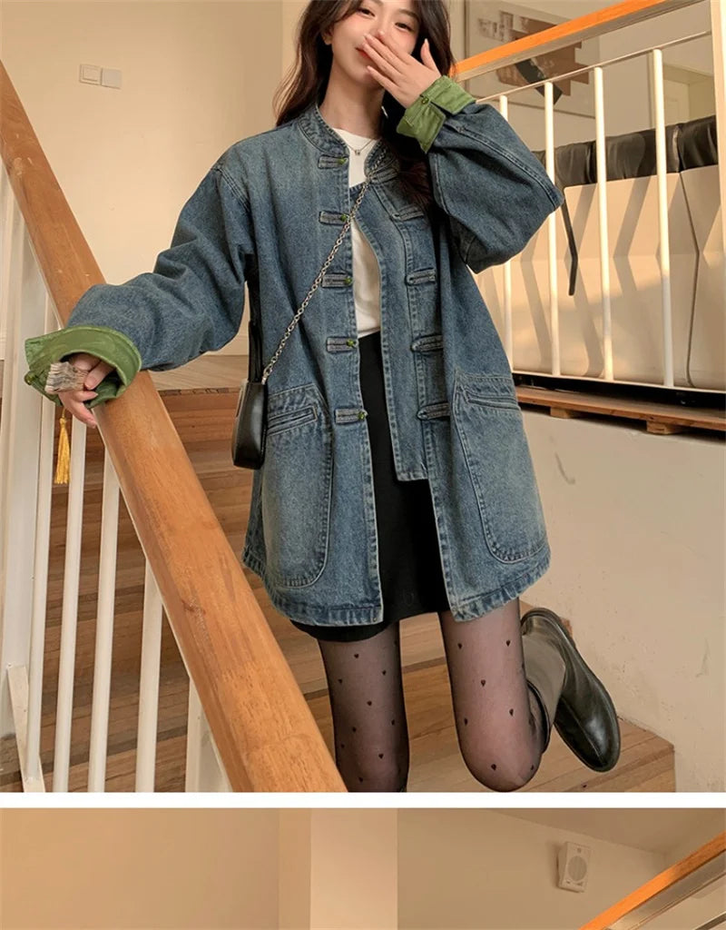 New Chinese Retro Casual Denim Jacket for Women in Spring 2024 Unique Chic Hong Kong Style fat and Slim Cardigan top for Women