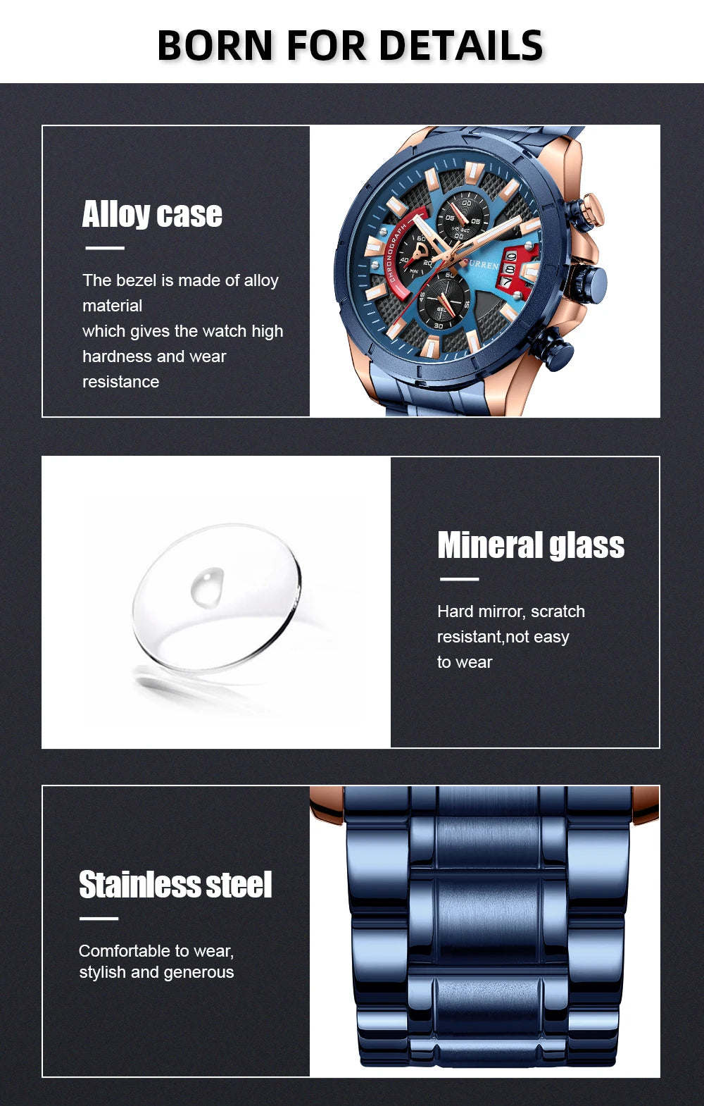 CURREN Sports Big Dial Men's Chronograph Watch with Matte Stainless Steel Band Luminous Hands Casual Quartz Wristwatch 8401