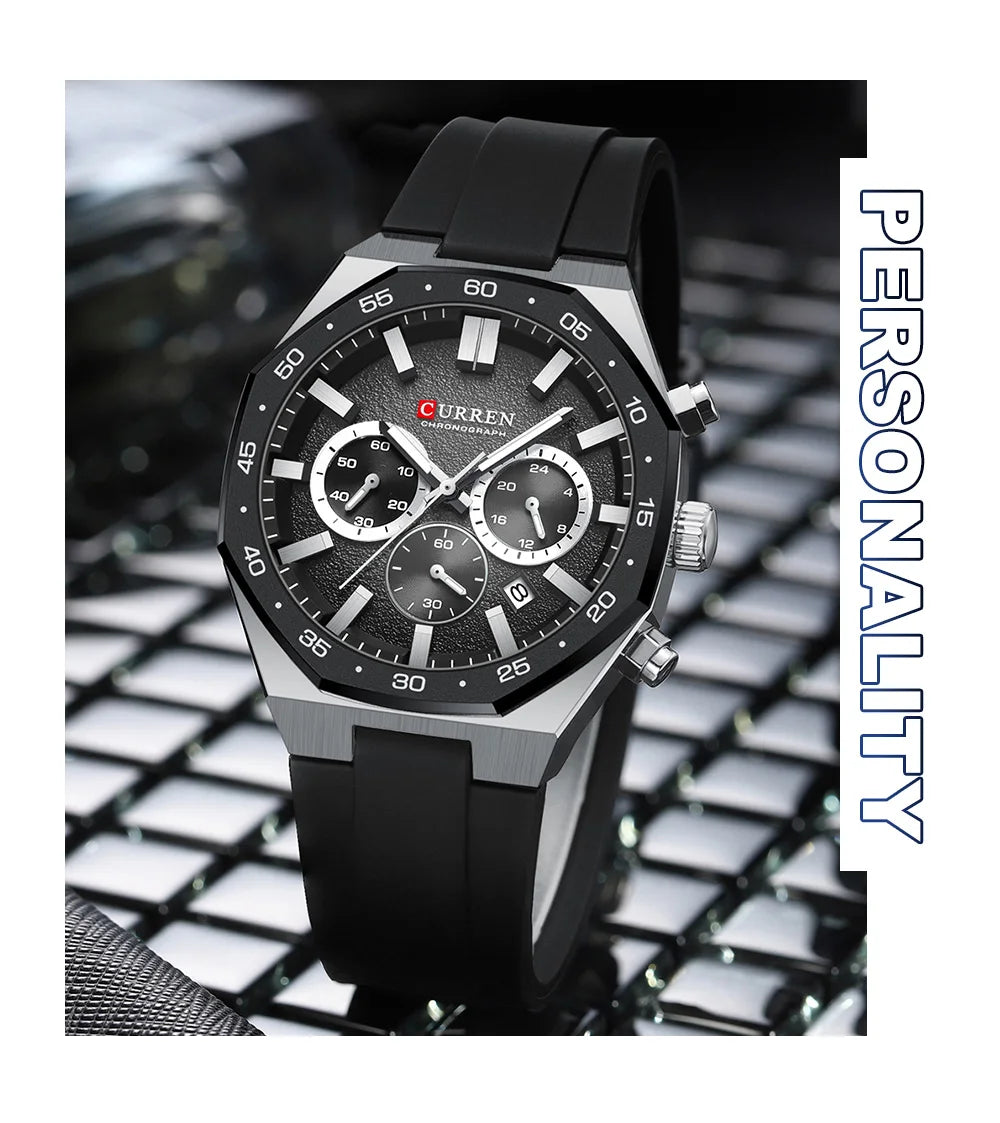 CURREN Fashion Casual Men Sports Watch Chronograph Silicone Belt Auto Date Dial Quartz Wristwatch Male Reloj Relogio Masculino