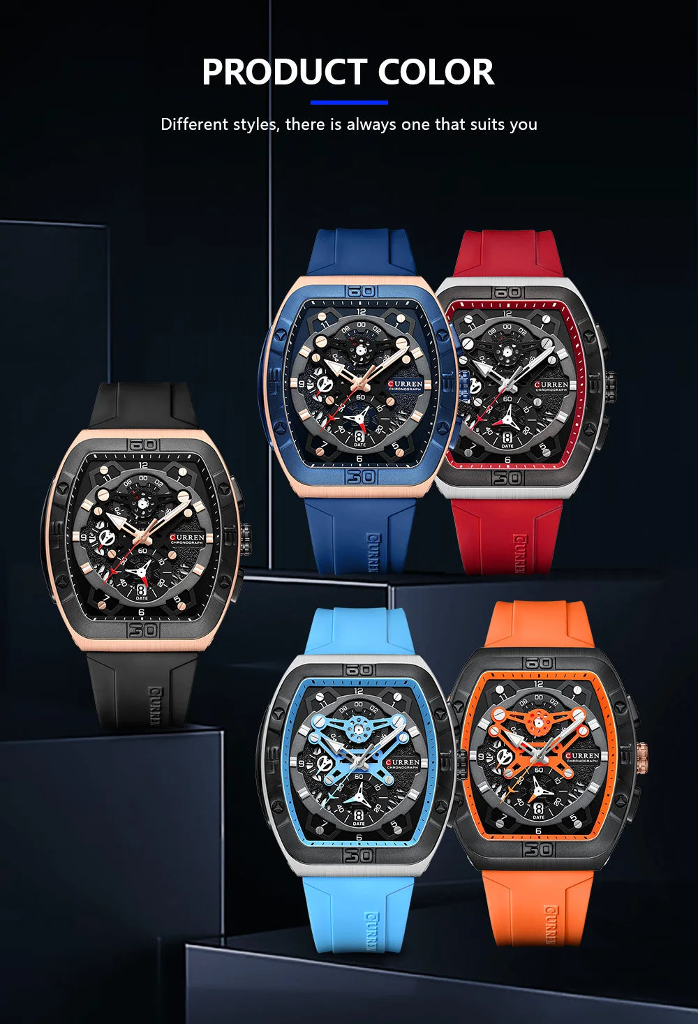 CURREN Men's Chronograph Watch Tonneau Case Design with Sport Silicone Strap Red and Black Quartz Wristwatches for Men