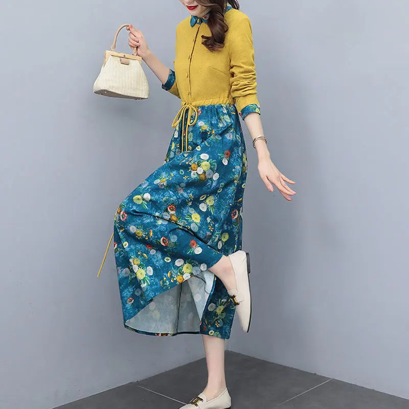 Elegant Printed Shirt Dress – Drawstring Waist Ankle-Length Dress for Women
