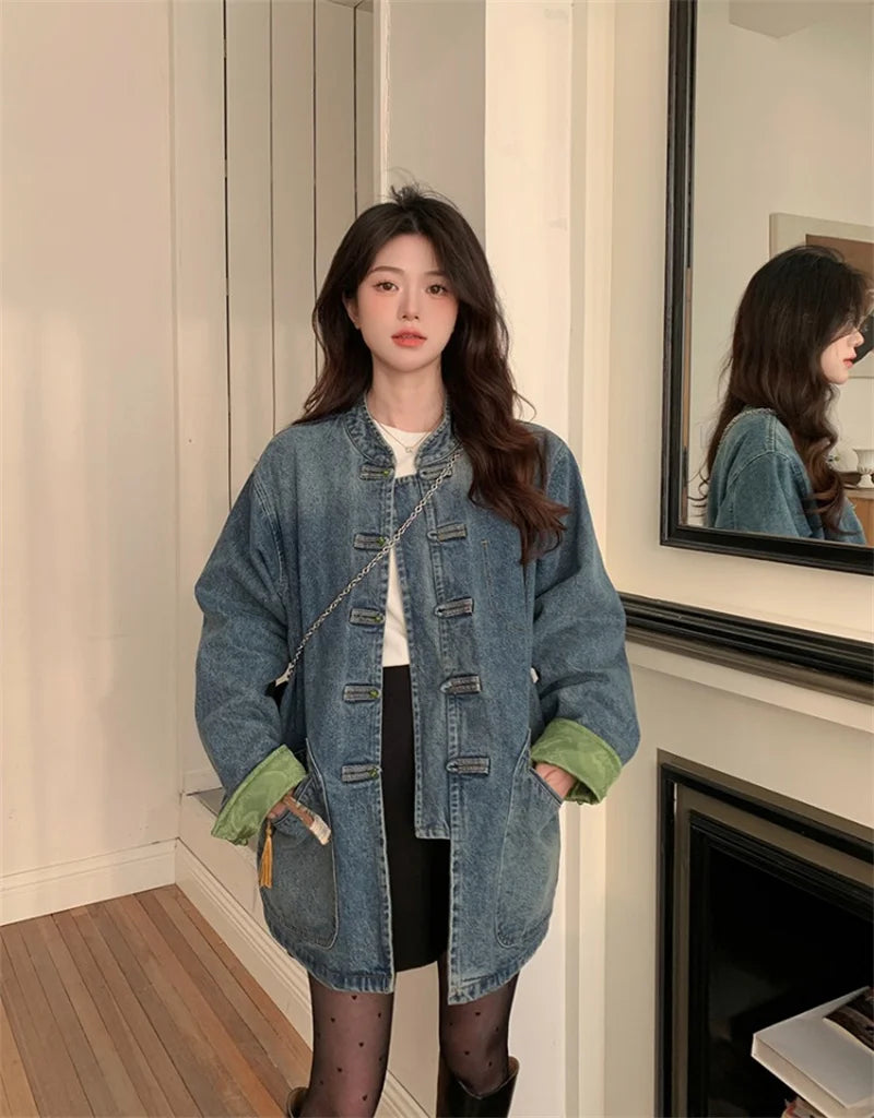 New Chinese Retro Casual Denim Jacket for Women in Spring 2024 Unique Chic Hong Kong Style fat and Slim Cardigan top for Women