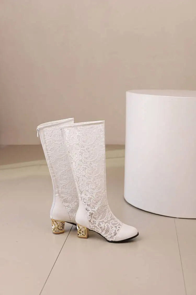 Spring and Autumn New Style Fashion square Heel Mesh Hollow Women's Boots Sweet Breathable knee high boots high 5.5cm size 34-47