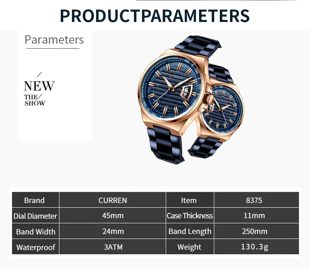 CURREN New Men Business Watch Full Steel Quartz Top Brand Luxury Sports Waterproof Casual Male Wristwatch Relogio Masculino