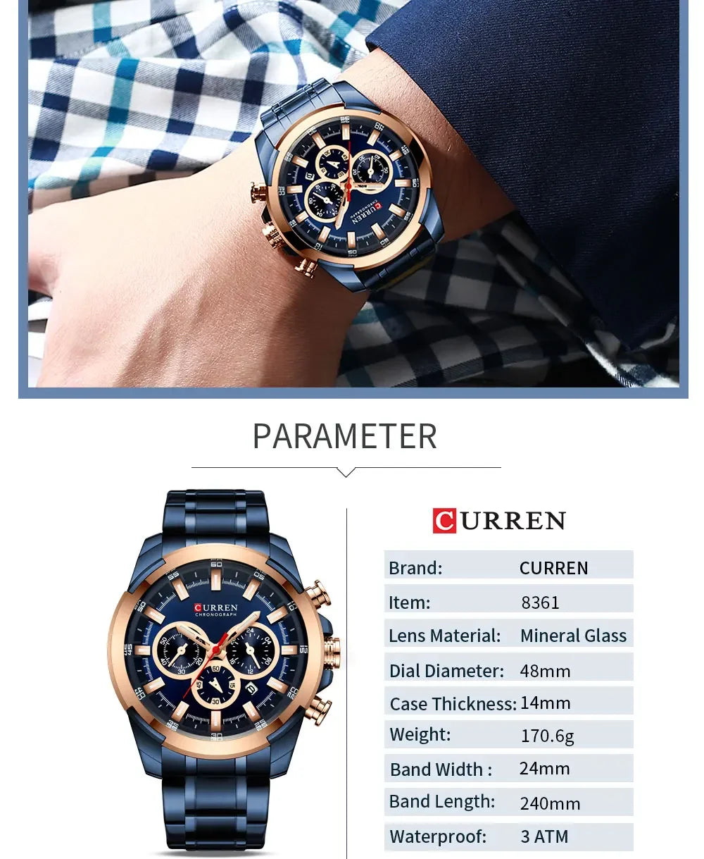 CURREN Men's Chronograph Watch 48mm Big Dial with Stainless Steel Band Triple Sub- Dials Luxury Quartz Sport Wristwatch