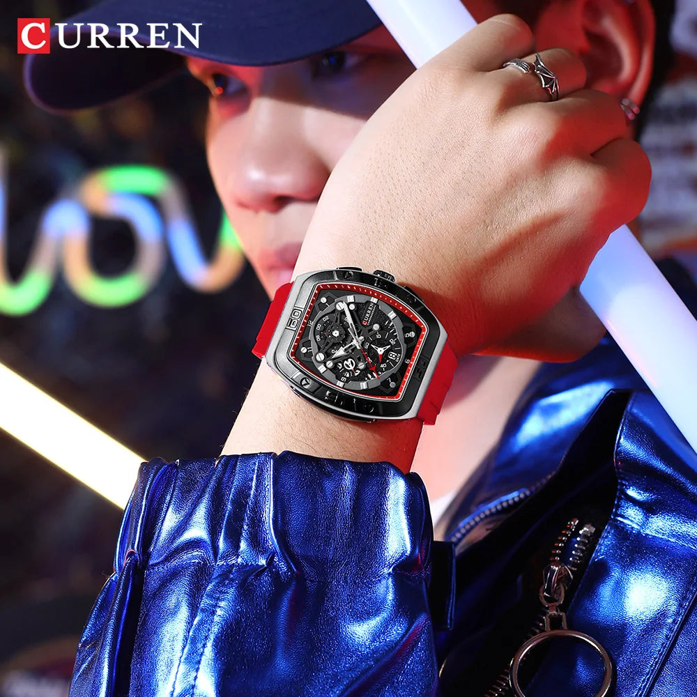 CURREN Men's Chronograph Watch Tonneau Case Design with Sport Silicone Strap Red and Black Quartz Wristwatches for Men