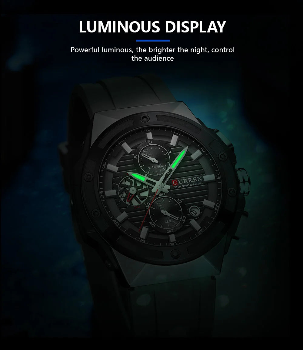 CURREN Sporty Men's Watch with Chronograph & Luminous Hands - Silicone Strap Quartz Wristwatch for Man Auto Date Business Casual