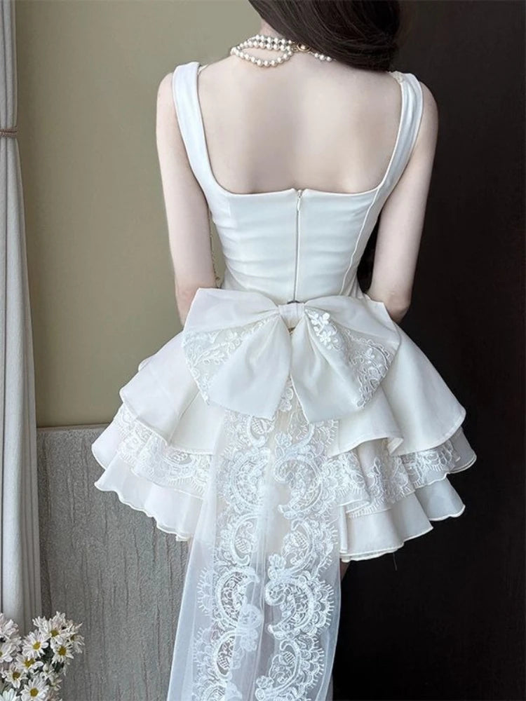 French Coquette Bow Mini Dress – Luxury Lace Sleeveless Puffy Party Dress for Women