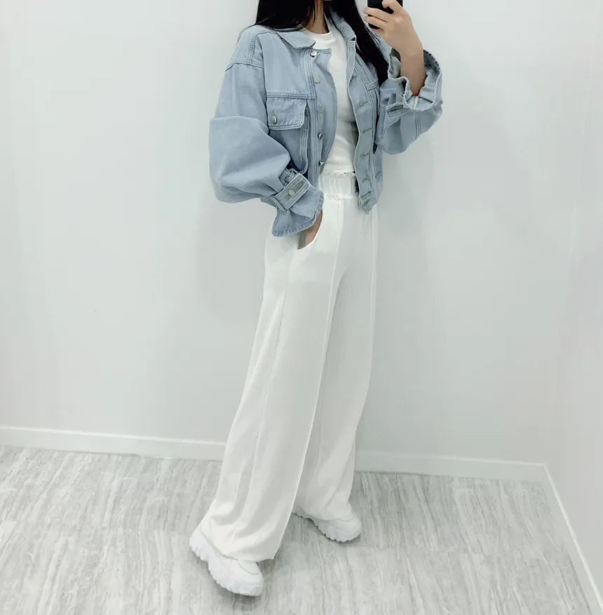 Women Denim Coat Short Jackets Turn Down Collar Full Sleeve Solid Casual Loose Single Breasted Coats Jacket Autumn Winter