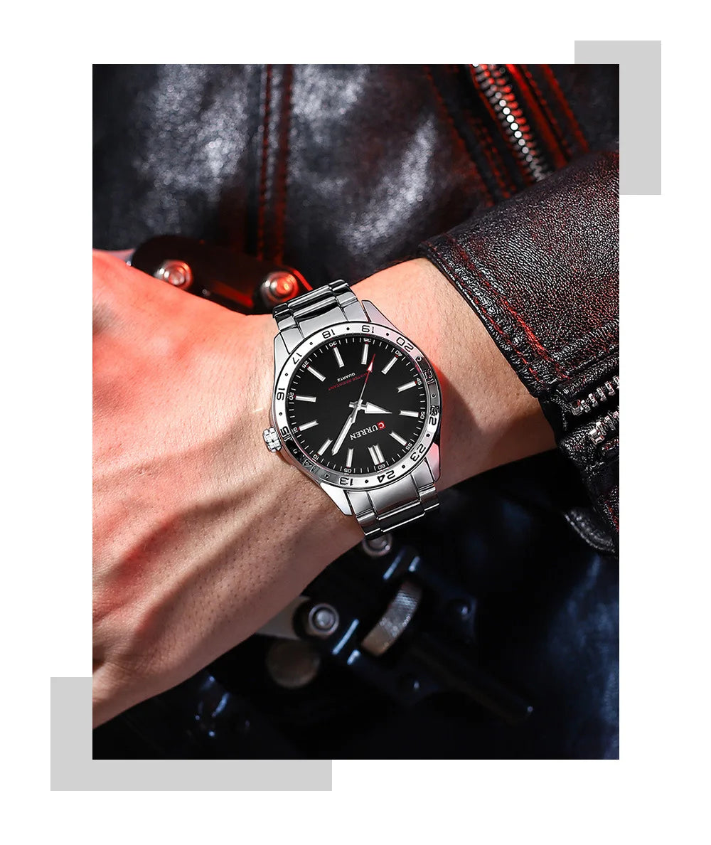 CURREN 8452 Men Quartz Watch Simple Fashion Leisure Business Clock Black Silvery Stainless Steel Strap Wristwatch for Male