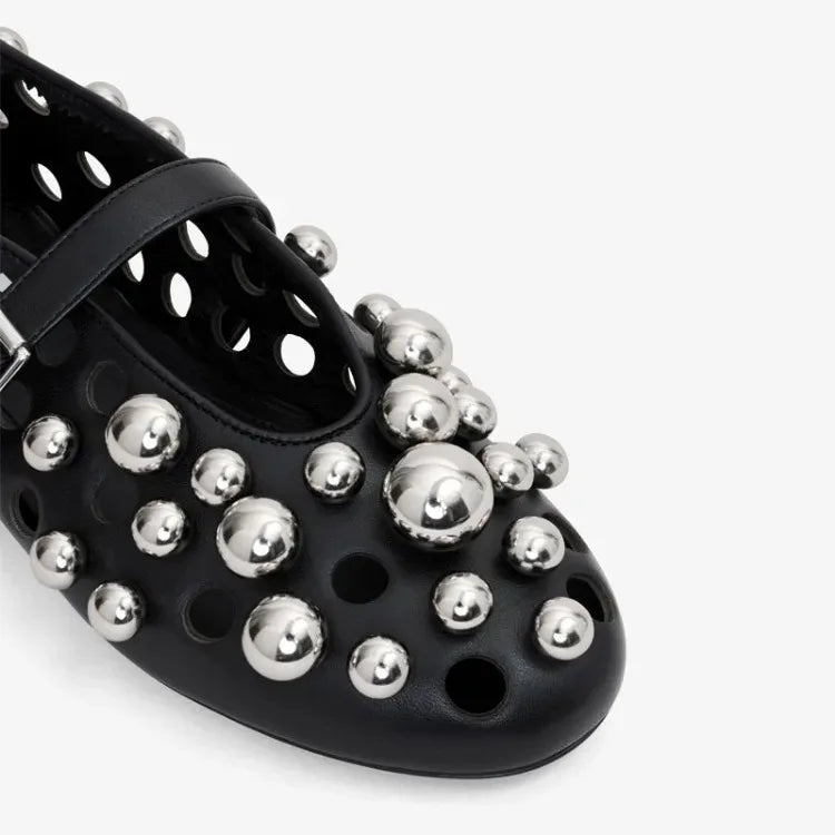 Luxury Black Pearl Round Head Buckle Ballet Sandals Summer Autumn Metal Hollow Commuting Casual Mary Jane Single Shoe Size 45