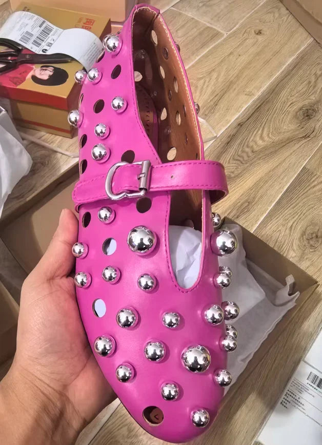 Luxury Black Pearl Round Head Buckle Ballet Sandals Summer Autumn Metal Hollow Commuting Casual Mary Jane Single Shoe Size 45