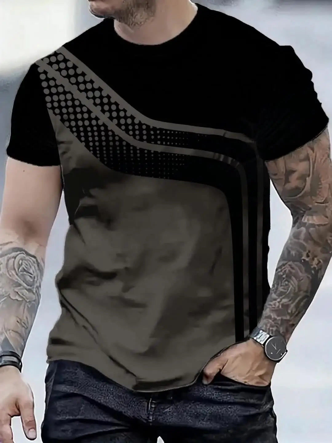 Breathable Polyester Short Sleeve Tee Men's Fashionable Digital Print Short Sleeve T-Shirt in Black & Gray Stripes - Breathable