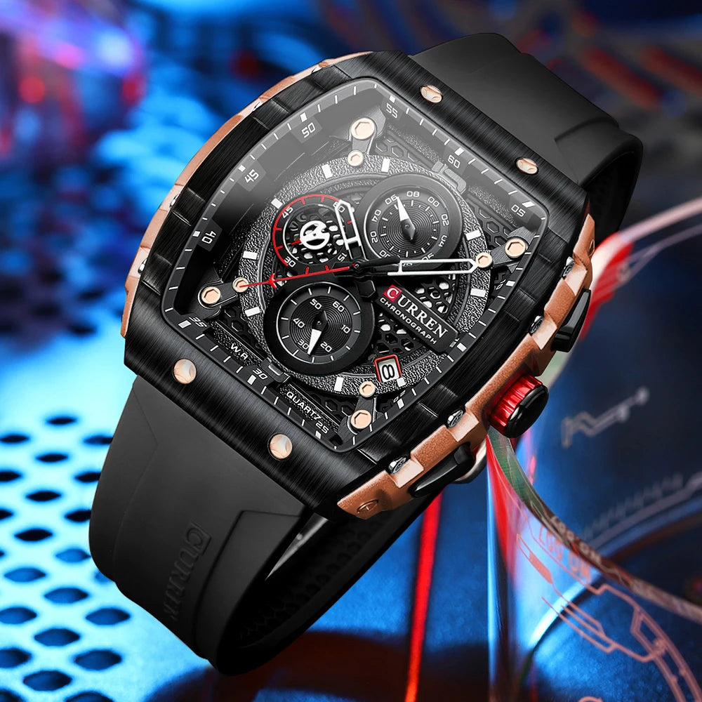 CURREN Fashion Sports Watches with Large Dial Unique RectangularHollow Design Quartz Wristwatches with Chrongraph Auto Date 8442