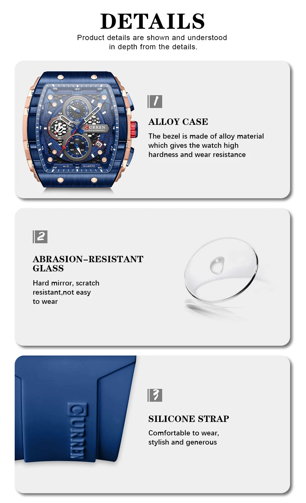CURREN Fashion Sports Watches with Large Dial Unique RectangularHollow Design Quartz Wristwatches with Chrongraph Auto Date 8442