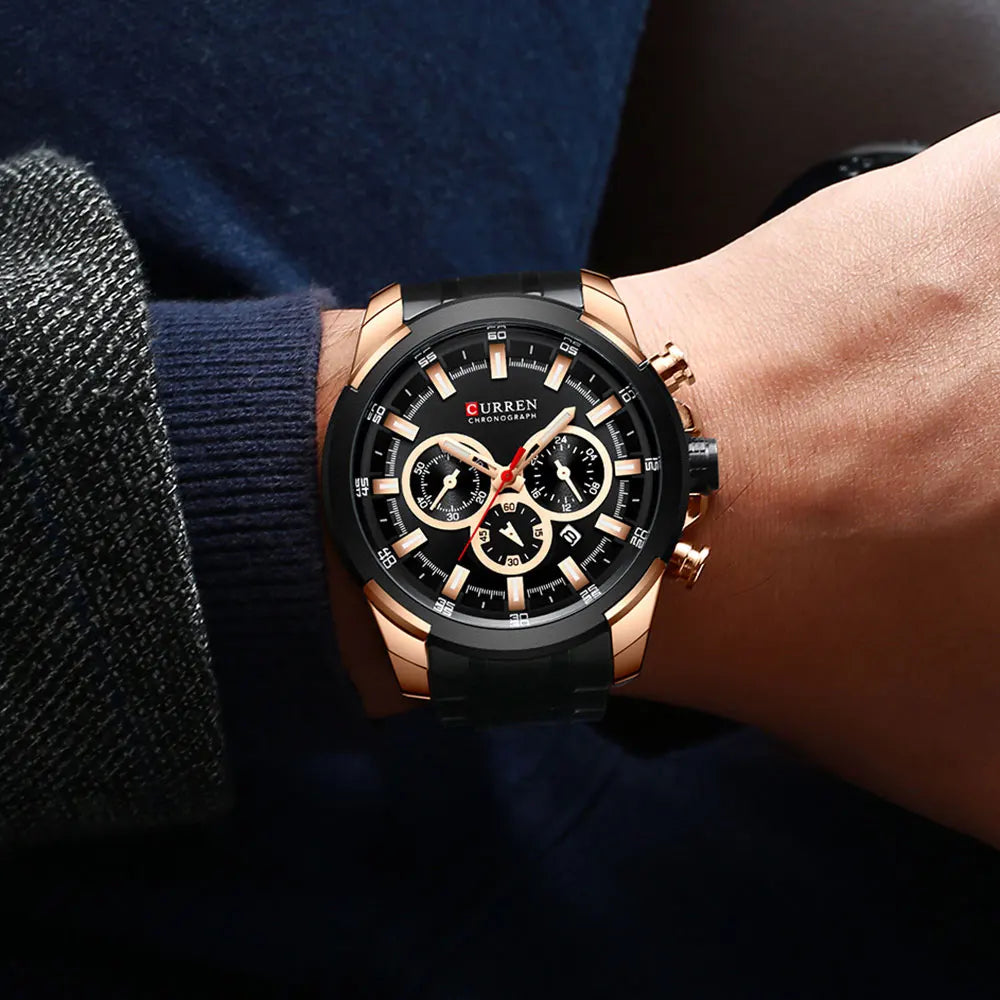 CURREN Men's Chronograph Watch 48mm Big Dial with Stainless Steel Band Triple Sub- Dials Luxury Quartz Sport Wristwatch