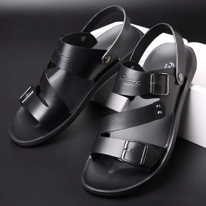 Fashion Sandals Male Solid Color PU Leather Men Shoes Summer Comfortable Open Toe Leather Mens Sandals Beach Leather Footwear