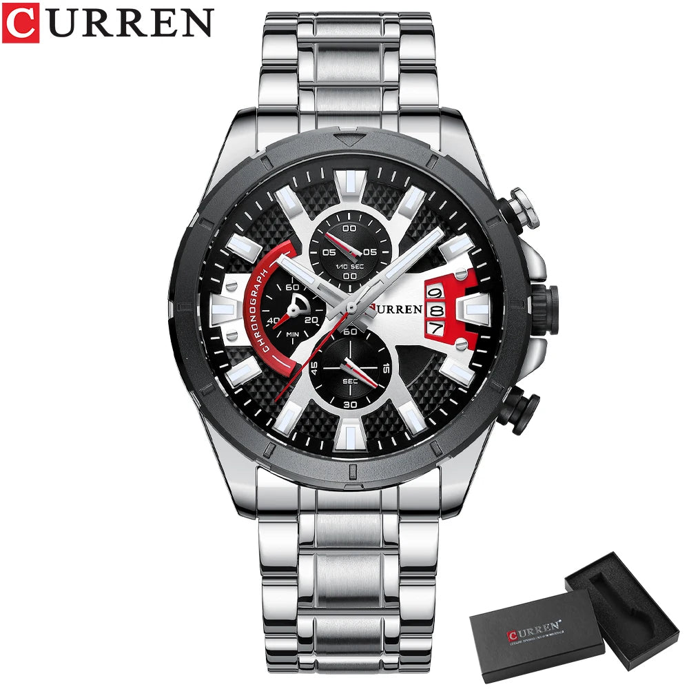 CURREN Sports Big Dial Men's Chronograph Watch with Matte Stainless Steel Band Luminous Hands Casual Quartz Wristwatch 8401
