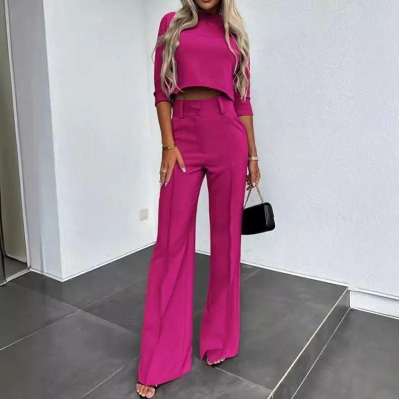 Modern Relaxed Two-Piece Suit – Casual Loose Fit O-Neck Top & Wide Leg Pants Set