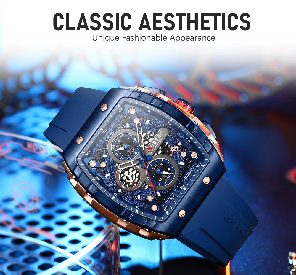 CURREN Fashion Sports Watches with Large Dial Unique RectangularHollow Design Quartz Wristwatches with Chrongraph Auto Date 8442