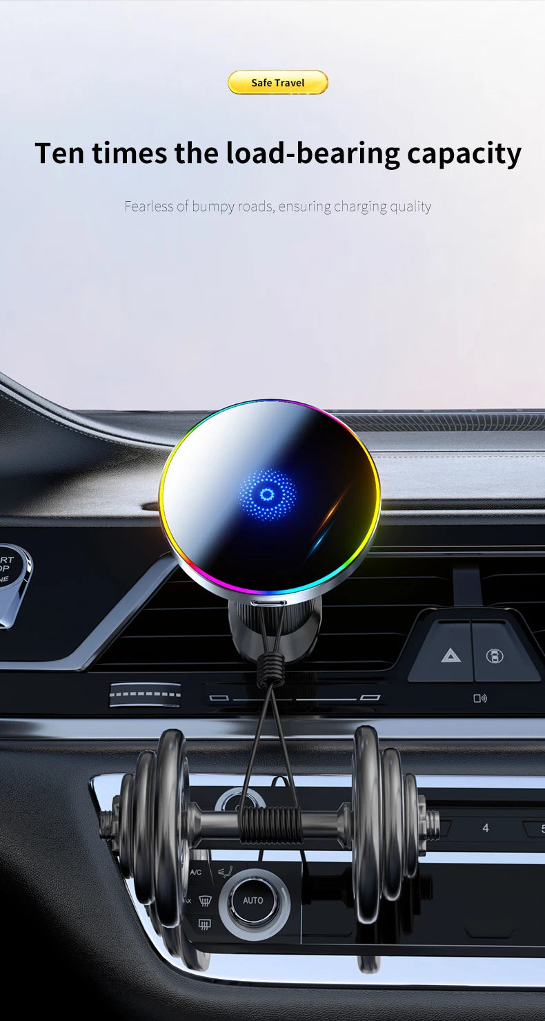 15W Magnetic Phone Holder Magnetic Wireless Car Charger Car Magnetic Mount RGB LED Lights Magsafe Charger Base Accessories Phone