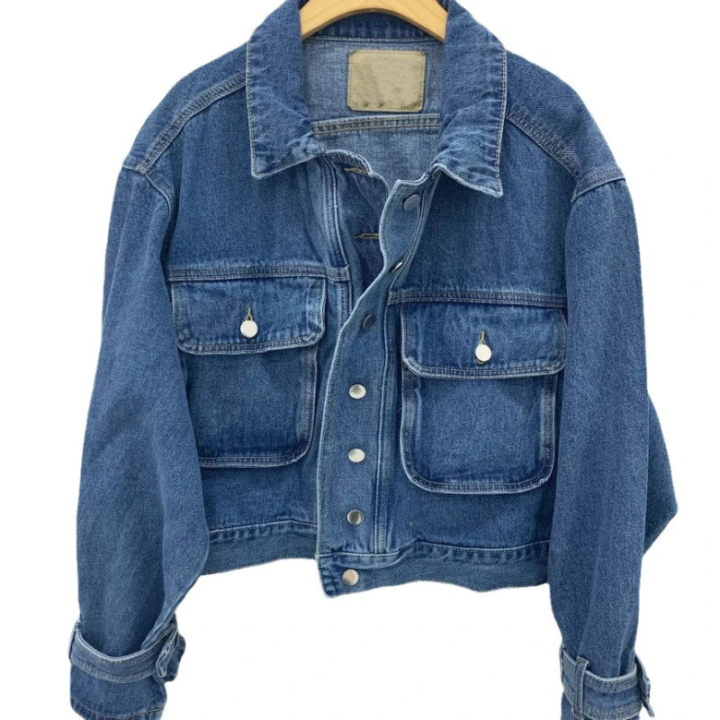 Women Denim Coat Short Jackets Turn Down Collar Full Sleeve Solid Casual Loose Single Breasted Coats Jacket Autumn Winter
