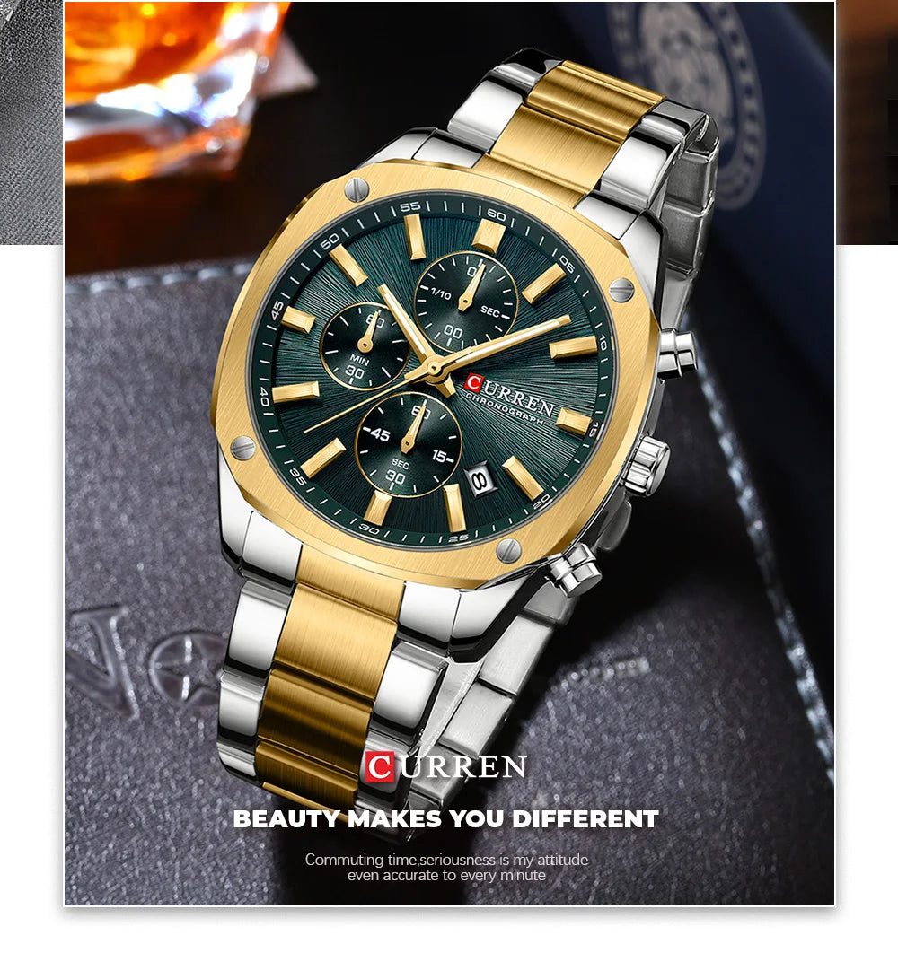 CURREN Modern Men's 42mm Sport Watch - Stainless Steel Band Chronograph & Date,Glow-in-the-Dark Hands, Casual Quartz Wristwatch